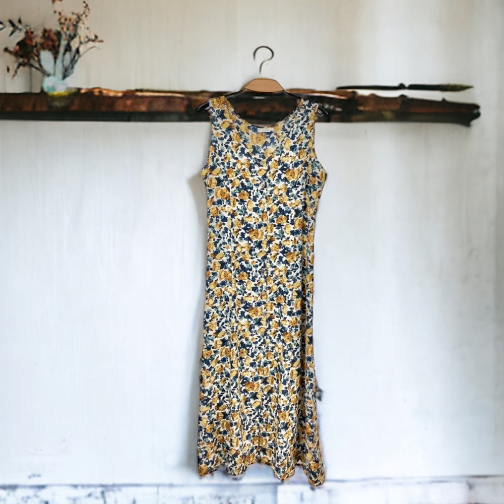 Vintage 100% Silk Mulberry Floral Button Front Sleeveless Maxi Dress Size L